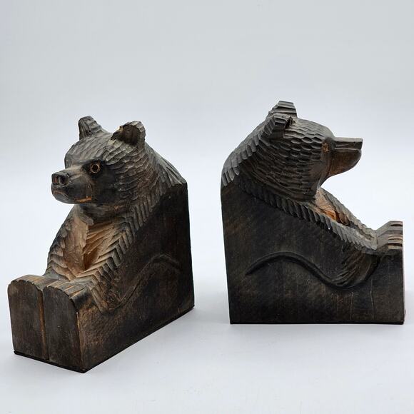 Vintage Hand Carved Wooden Bear Bookends Rustic Folk Art Cabin Lodge Decor - Picture 4 of 7